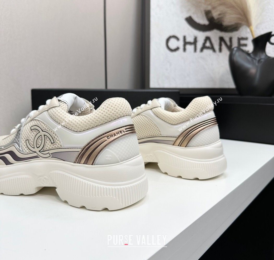 Chanel Calfskin Leather and Mesh Platform Sneakers Beige/Silver 2025 CH110104 (MD-251101040)