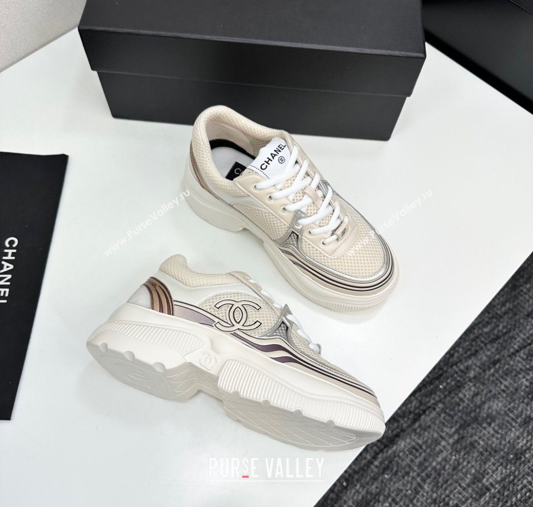 Chanel Calfskin Leather and Mesh Platform Sneakers Beige/Silver 2025 CH110104 (MD-251101040)