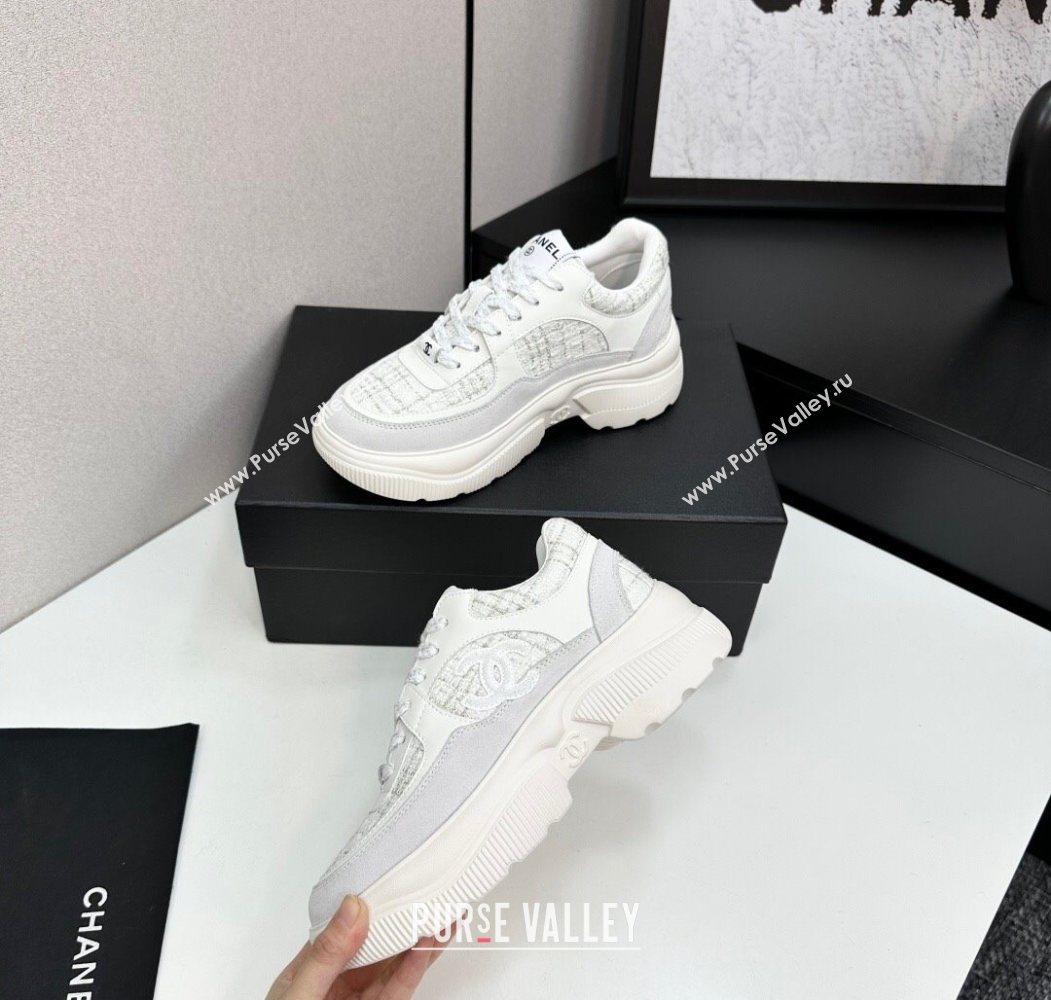 Chanel Calfskin Leather, Suede and Tweed Platform Sneakers White05 2025 CH110102 (MD-251101005)