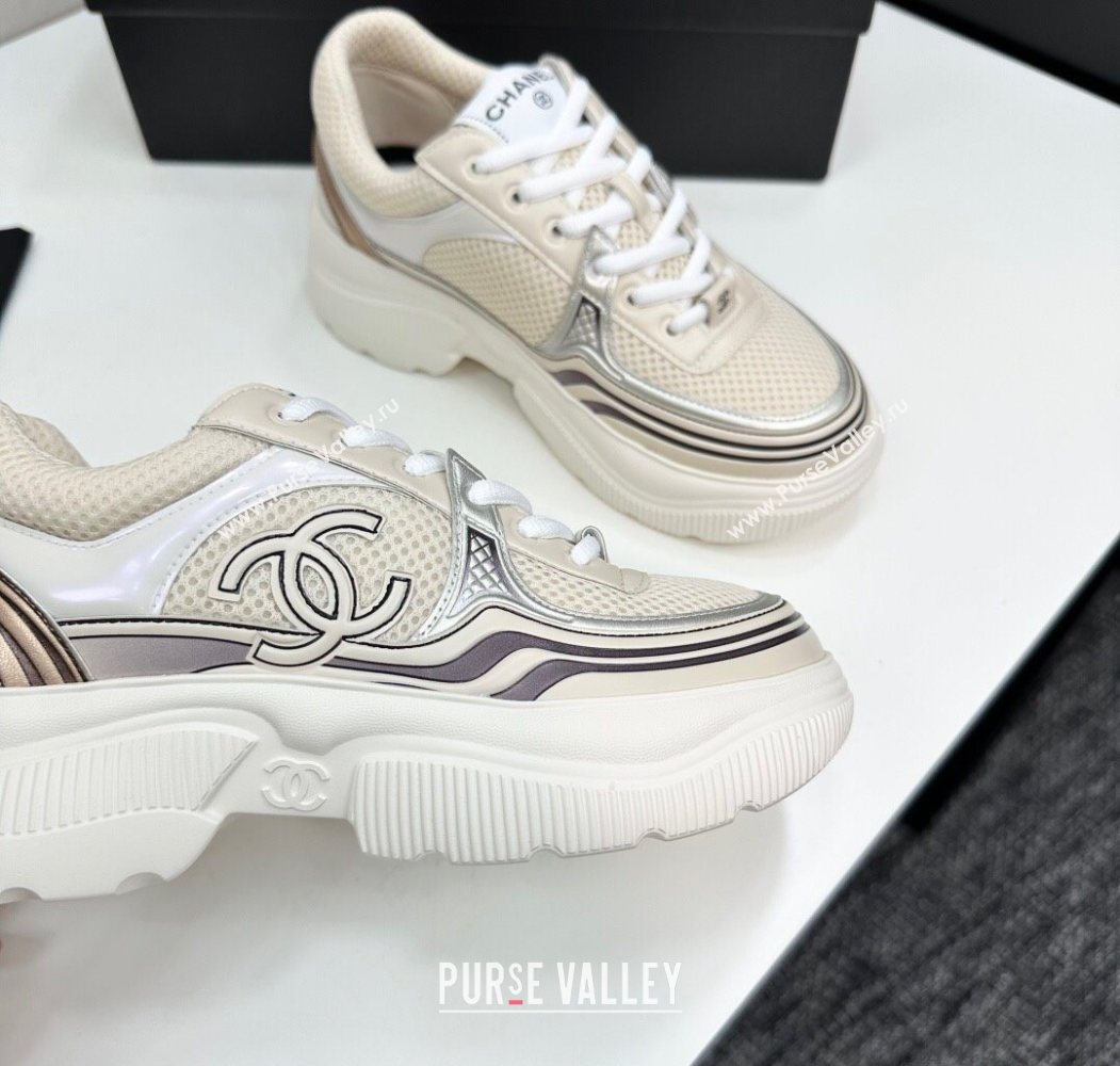 Chanel Calfskin Leather and Mesh Platform Sneakers Beige/Silver 2025 CH110104 (MD-251101040)