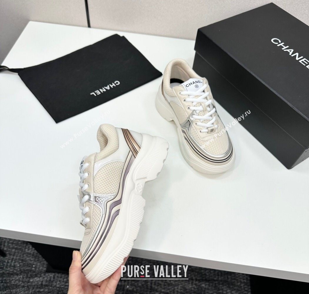 Chanel Calfskin Leather and Mesh Platform Sneakers Beige/Silver 2025 CH110104 (MD-251101040)