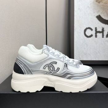 Chanel Calfskin Leather and Mesh Platform Sneakers White/Silver 2025 CH110104 (MD-251101042)