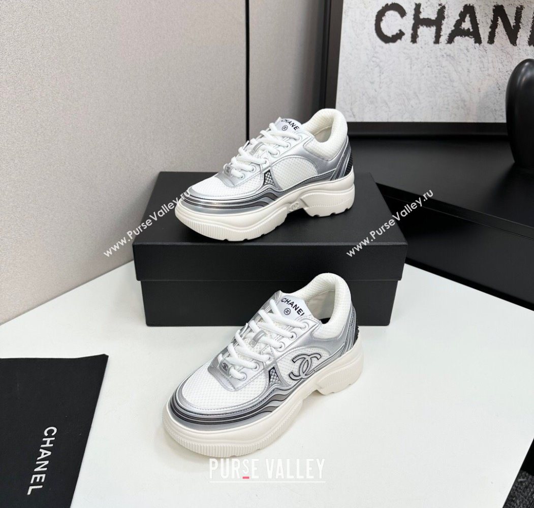 Chanel Calfskin Leather and Mesh Platform Sneakers White/Silver 2025 CH110104 (MD-251101042)