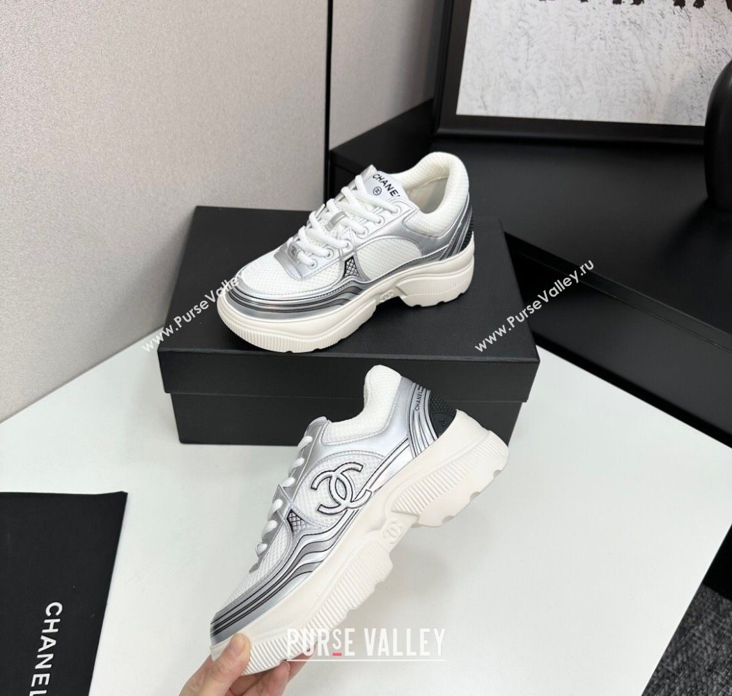 Chanel Calfskin Leather and Mesh Platform Sneakers White/Silver 2025 CH110104 (MD-251101042)