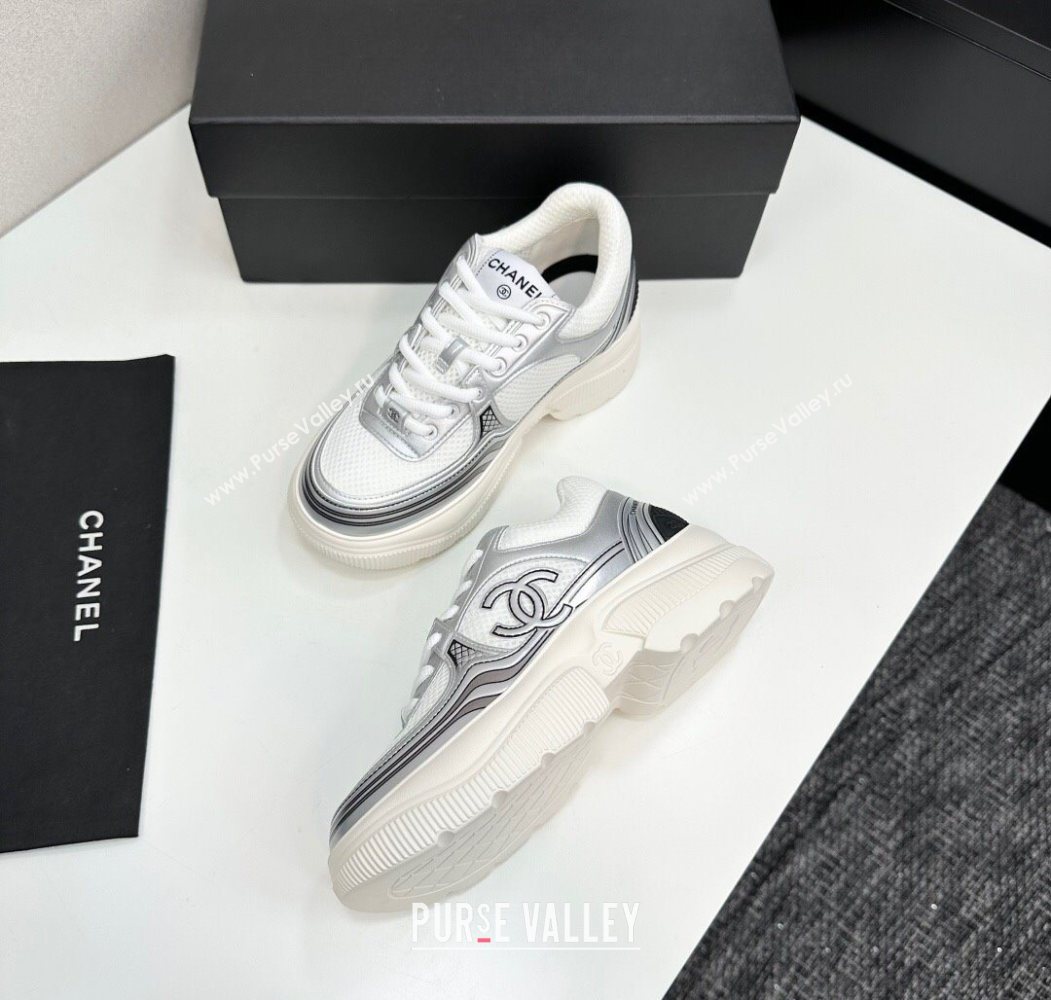 Chanel Calfskin Leather and Mesh Platform Sneakers White/Silver 2025 CH110104 (MD-251101042)