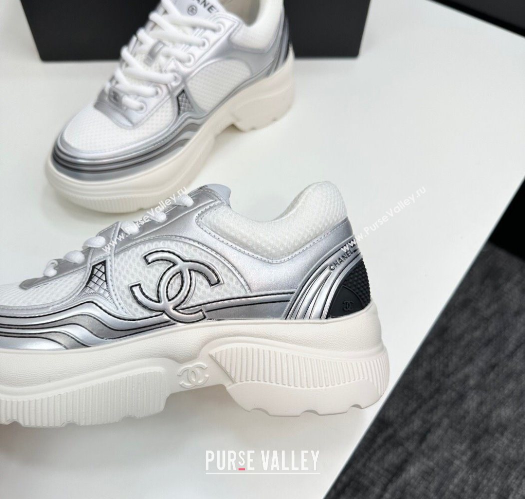 Chanel Calfskin Leather and Mesh Platform Sneakers White/Silver 2025 CH110104 (MD-251101042)