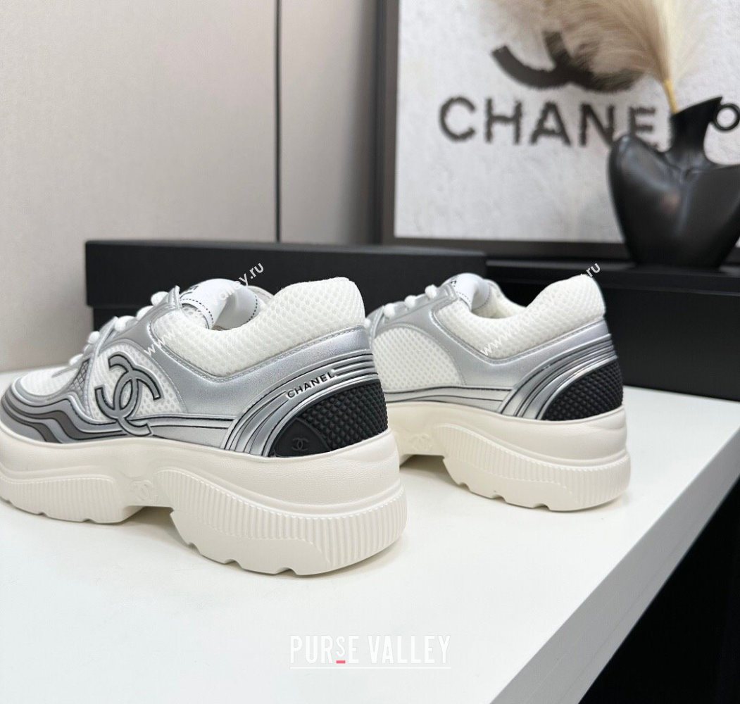 Chanel Calfskin Leather and Mesh Platform Sneakers White/Silver 2025 CH110104 (MD-251101042)