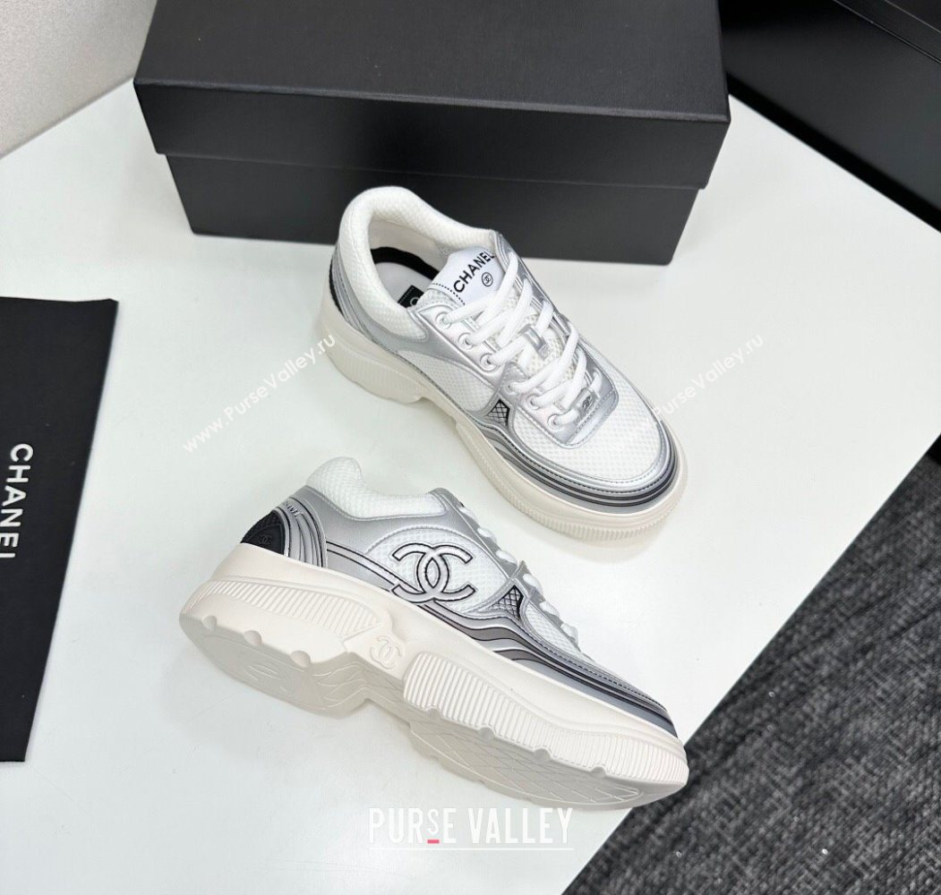 Chanel Calfskin Leather and Mesh Platform Sneakers White/Silver 2025 CH110104 (MD-251101042)