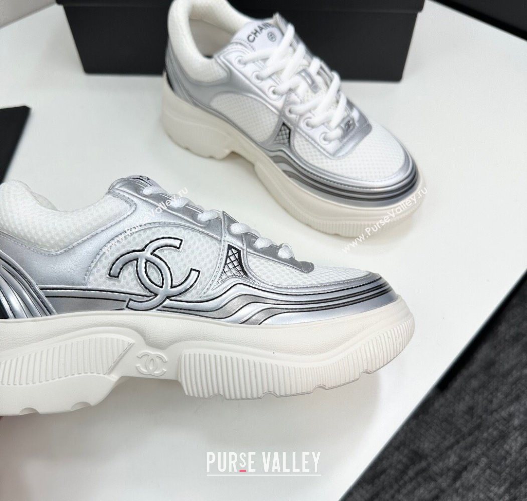 Chanel Calfskin Leather and Mesh Platform Sneakers White/Silver 2025 CH110104 (MD-251101042)