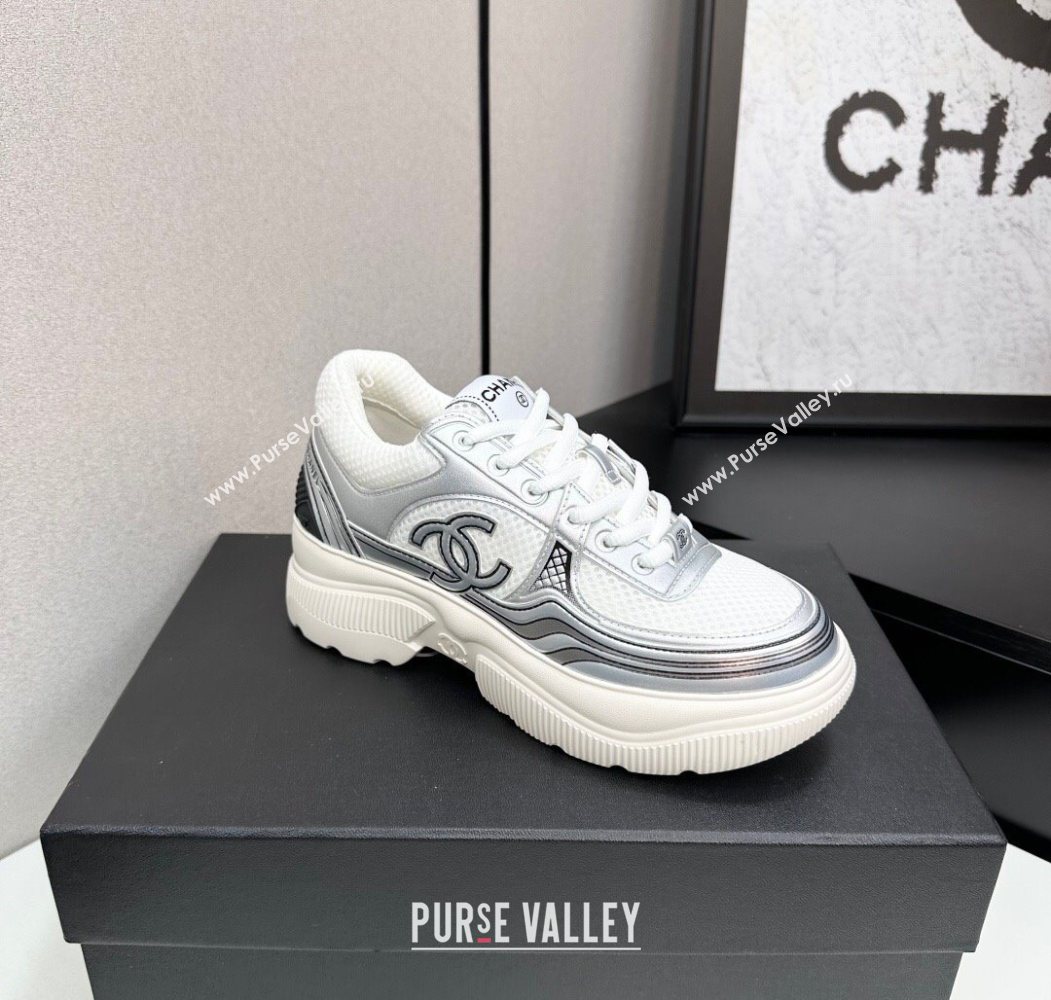 Chanel Calfskin Leather and Mesh Platform Sneakers White/Silver 2025 CH110104 (MD-251101042)