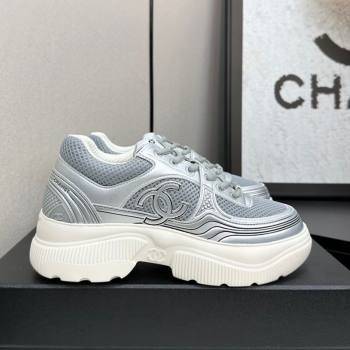 Chanel Calfskin Leather and Mesh Platform Sneakers Silver/Grey 2025 CH110104 (MD-251101043)