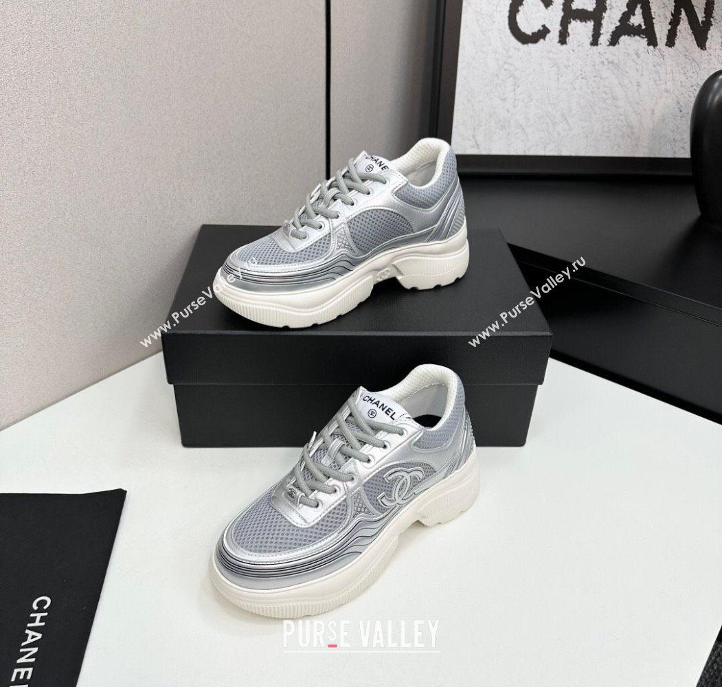 Chanel Calfskin Leather and Mesh Platform Sneakers Silver/Grey 2025 CH110104 (MD-251101043)