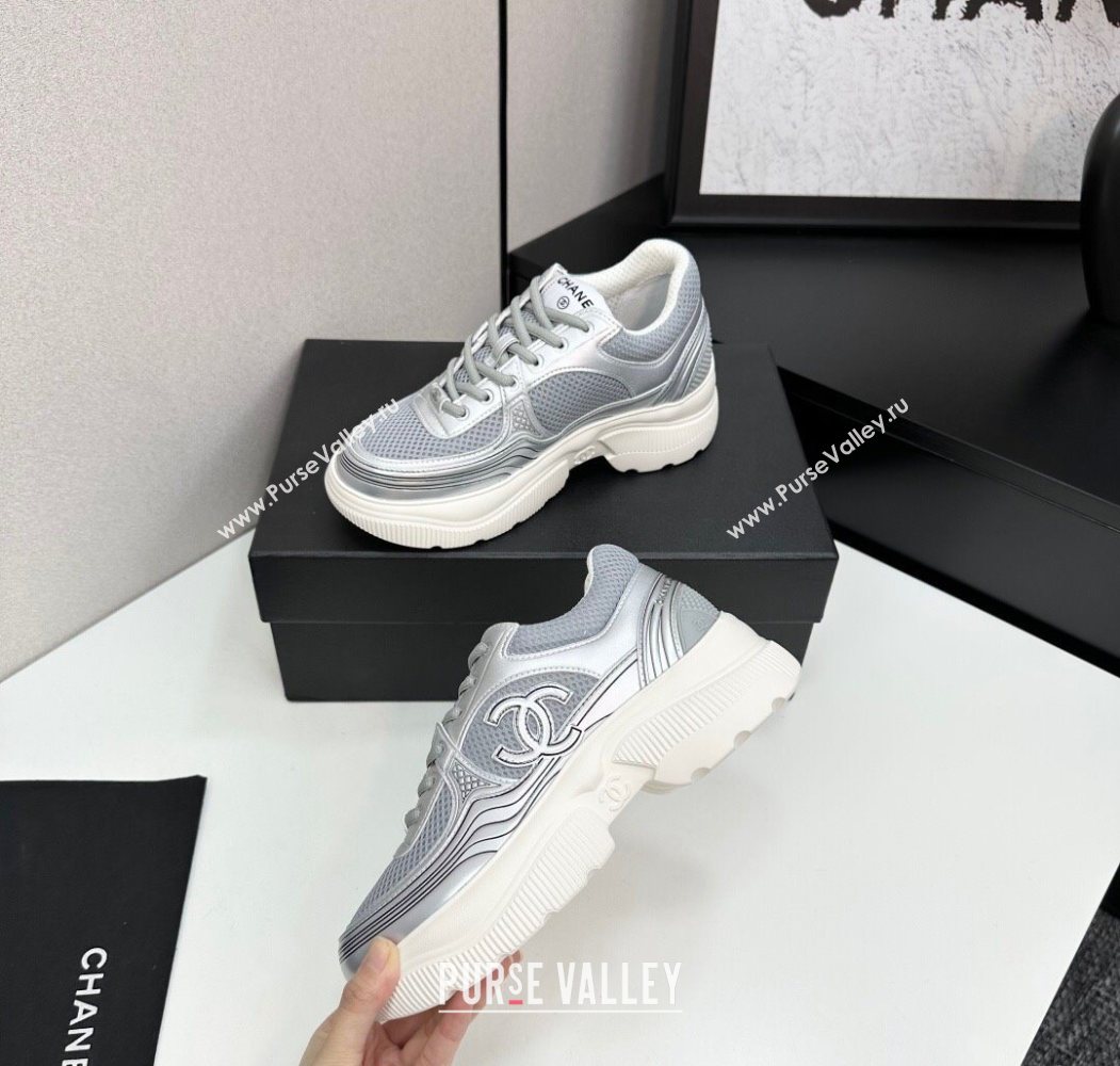 Chanel Calfskin Leather and Mesh Platform Sneakers Silver/Grey 2025 CH110104 (MD-251101043)