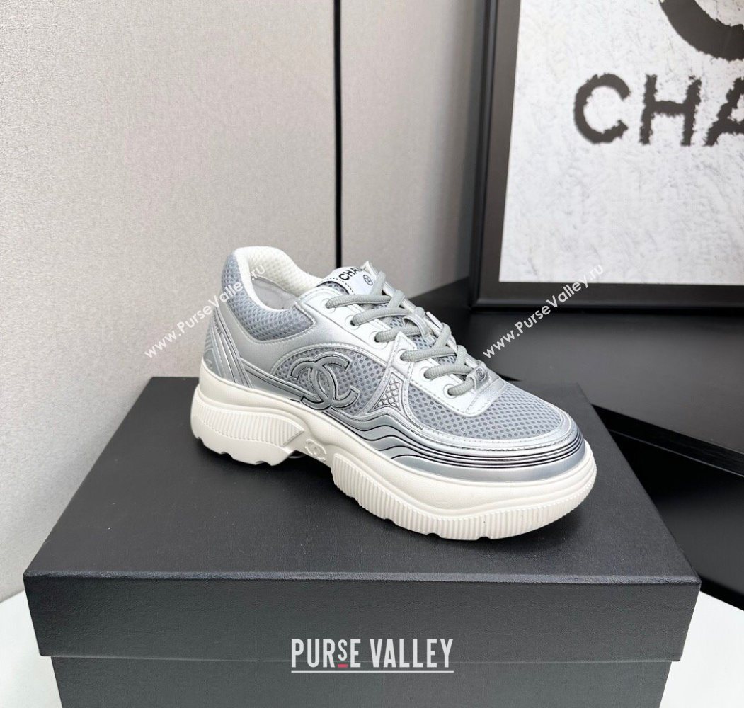 Chanel Calfskin Leather and Mesh Platform Sneakers Silver/Grey 2025 CH110104 (MD-251101043)