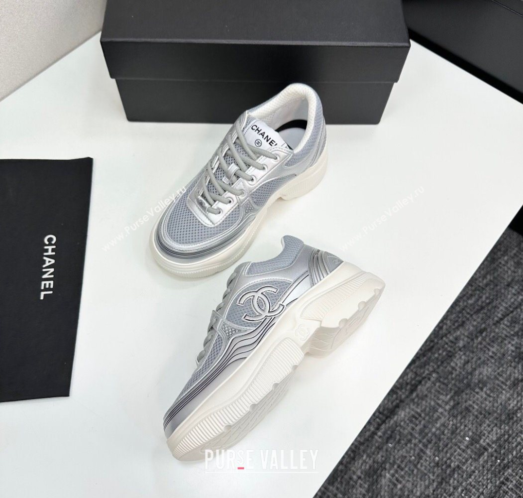 Chanel Calfskin Leather and Mesh Platform Sneakers Silver/Grey 2025 CH110104 (MD-251101043)