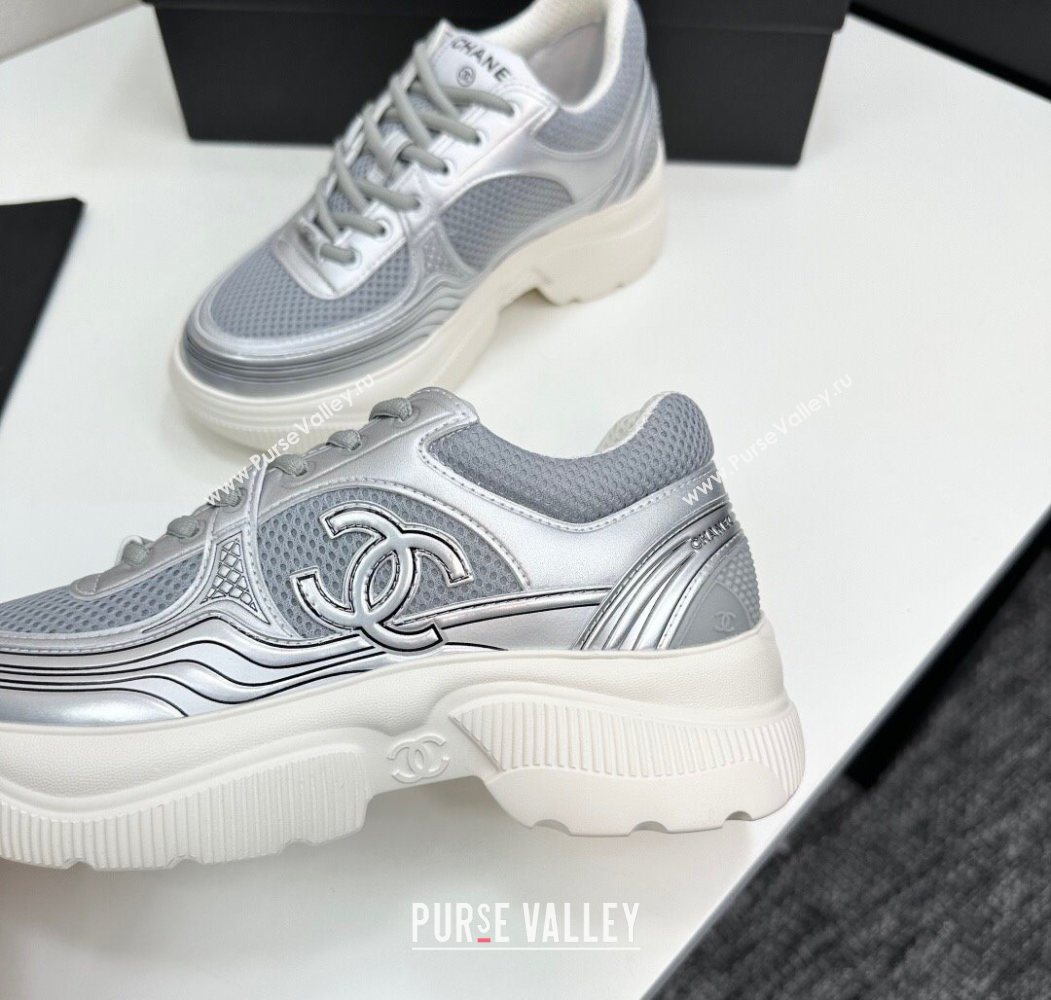 Chanel Calfskin Leather and Mesh Platform Sneakers Silver/Grey 2025 CH110104 (MD-251101043)