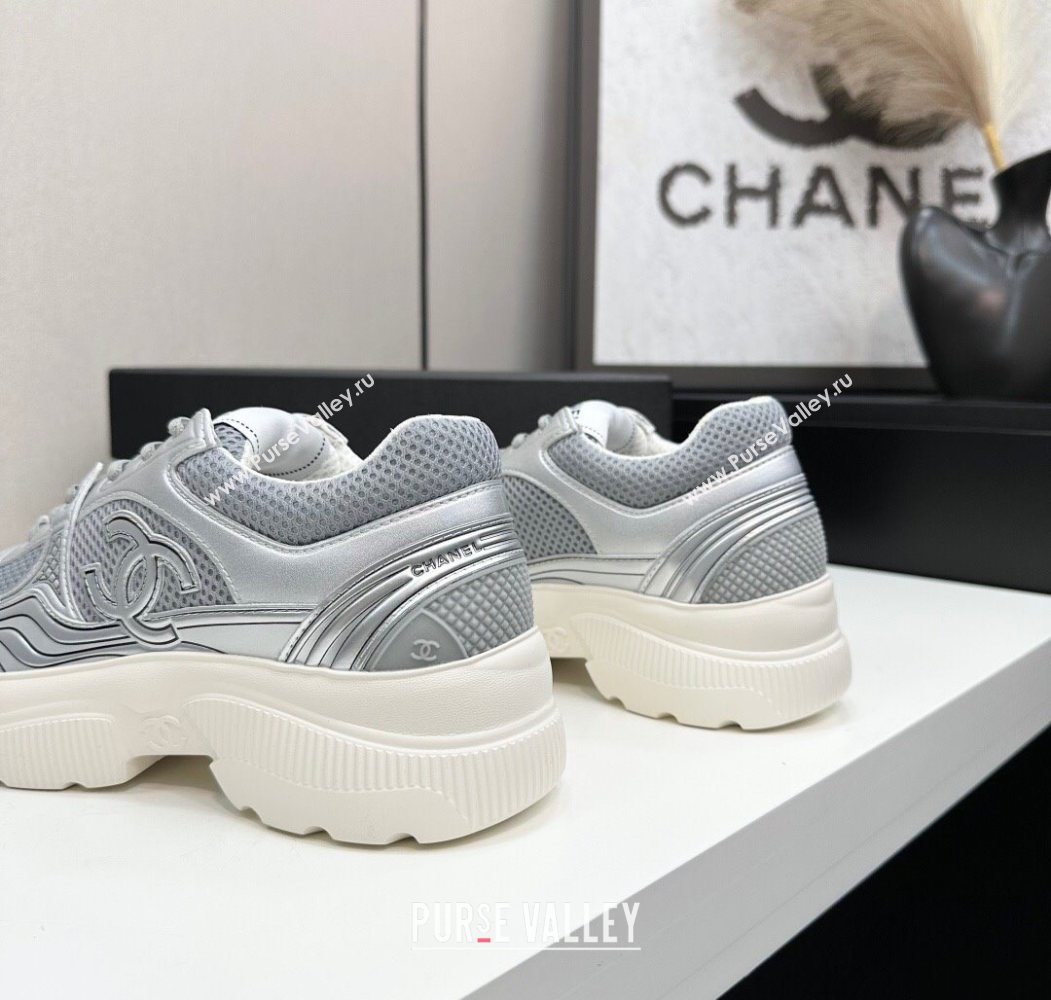Chanel Calfskin Leather and Mesh Platform Sneakers Silver/Grey 2025 CH110104 (MD-251101043)