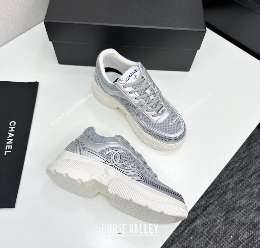 Chanel Calfskin Leather and Mesh Platform Sneakers Silver/Grey 2025 CH110104 (MD-251101043)