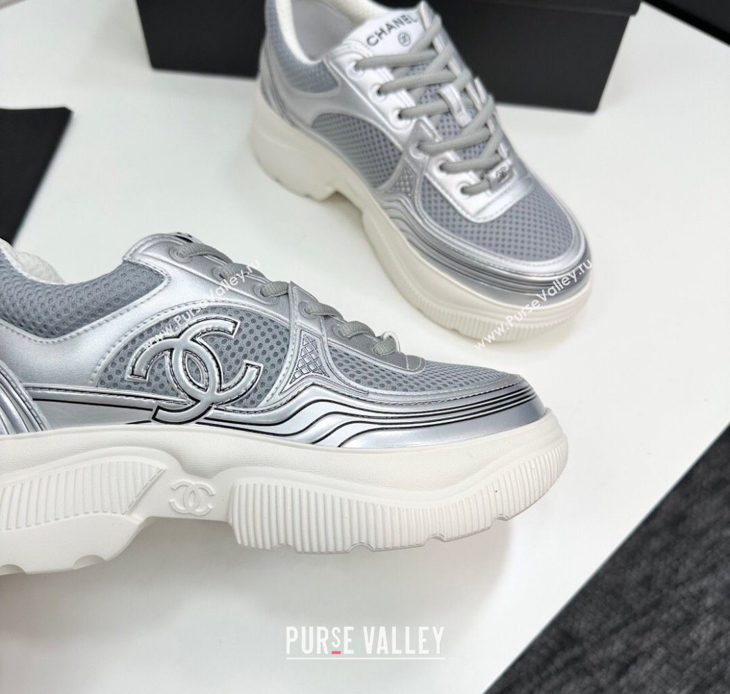 Chanel Calfskin Leather and Mesh Platform Sneakers Silver/Grey 2025 CH110104 (MD-251101043)
