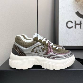 Chanel Calfskin Leather and Mesh Platform Sneakers Khaki Green 2025 CH110104 (MD-251101044)