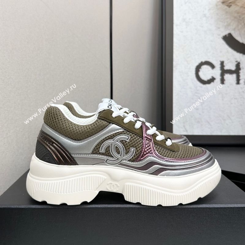 Chanel Calfskin Leather and Mesh Platform Sneakers Khaki Green 2025 CH110104 (MD-251101044)
