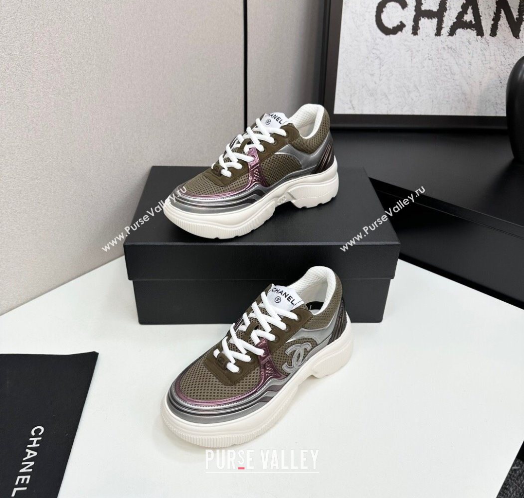 Chanel Calfskin Leather and Mesh Platform Sneakers Khaki Green 2025 CH110104 (MD-251101044)