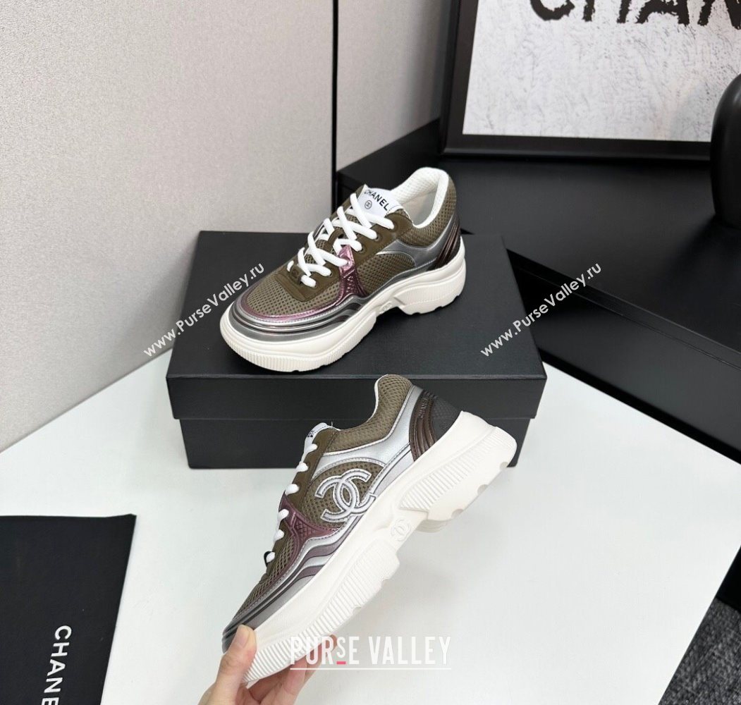 Chanel Calfskin Leather and Mesh Platform Sneakers Khaki Green 2025 CH110104 (MD-251101044)