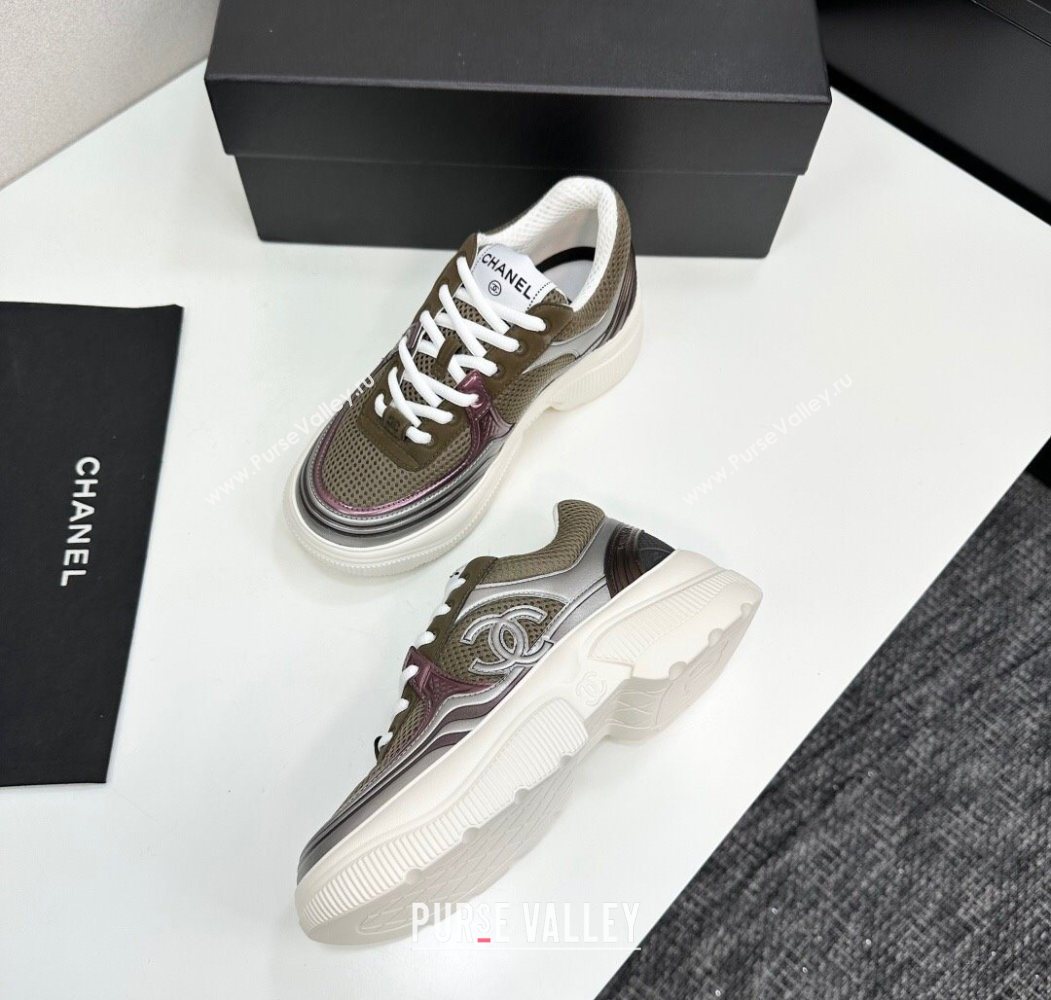 Chanel Calfskin Leather and Mesh Platform Sneakers Khaki Green 2025 CH110104 (MD-251101044)