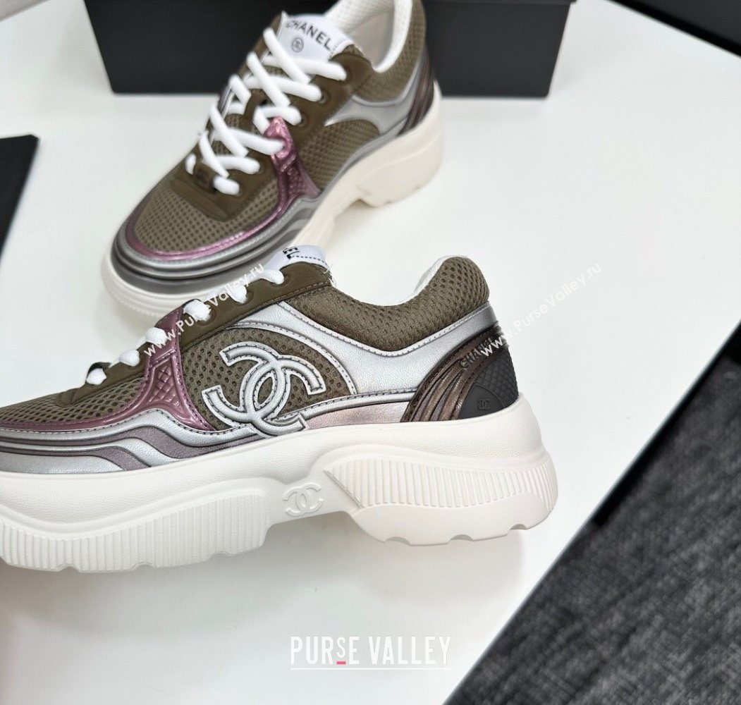 Chanel Calfskin Leather and Mesh Platform Sneakers Khaki Green 2025 CH110104 (MD-251101044)