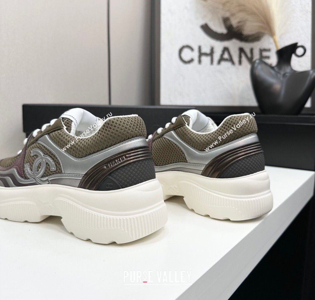 Chanel Calfskin Leather and Mesh Platform Sneakers Khaki Green 2025 CH110104 (MD-251101044)