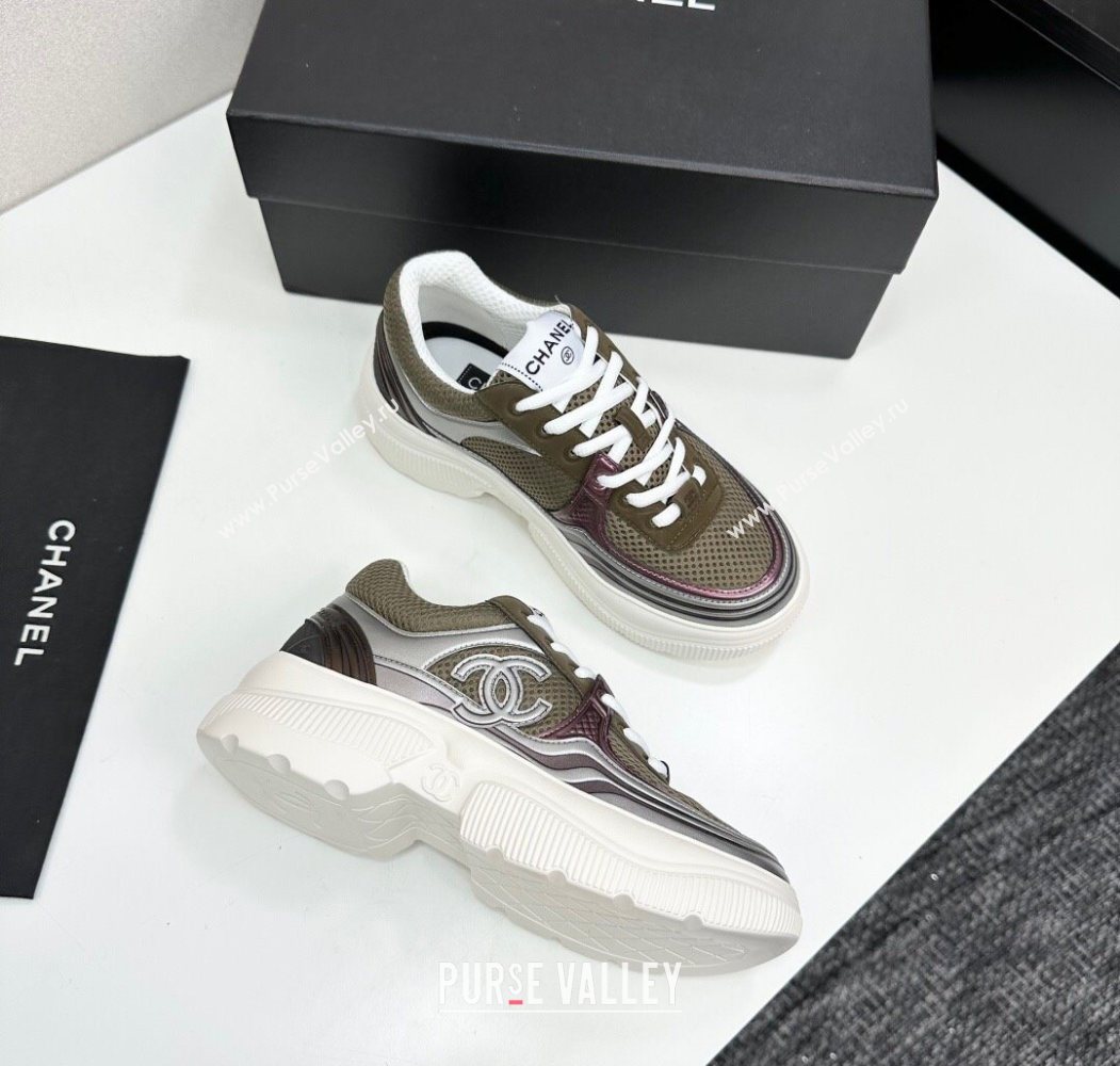 Chanel Calfskin Leather and Mesh Platform Sneakers Khaki Green 2025 CH110104 (MD-251101044)