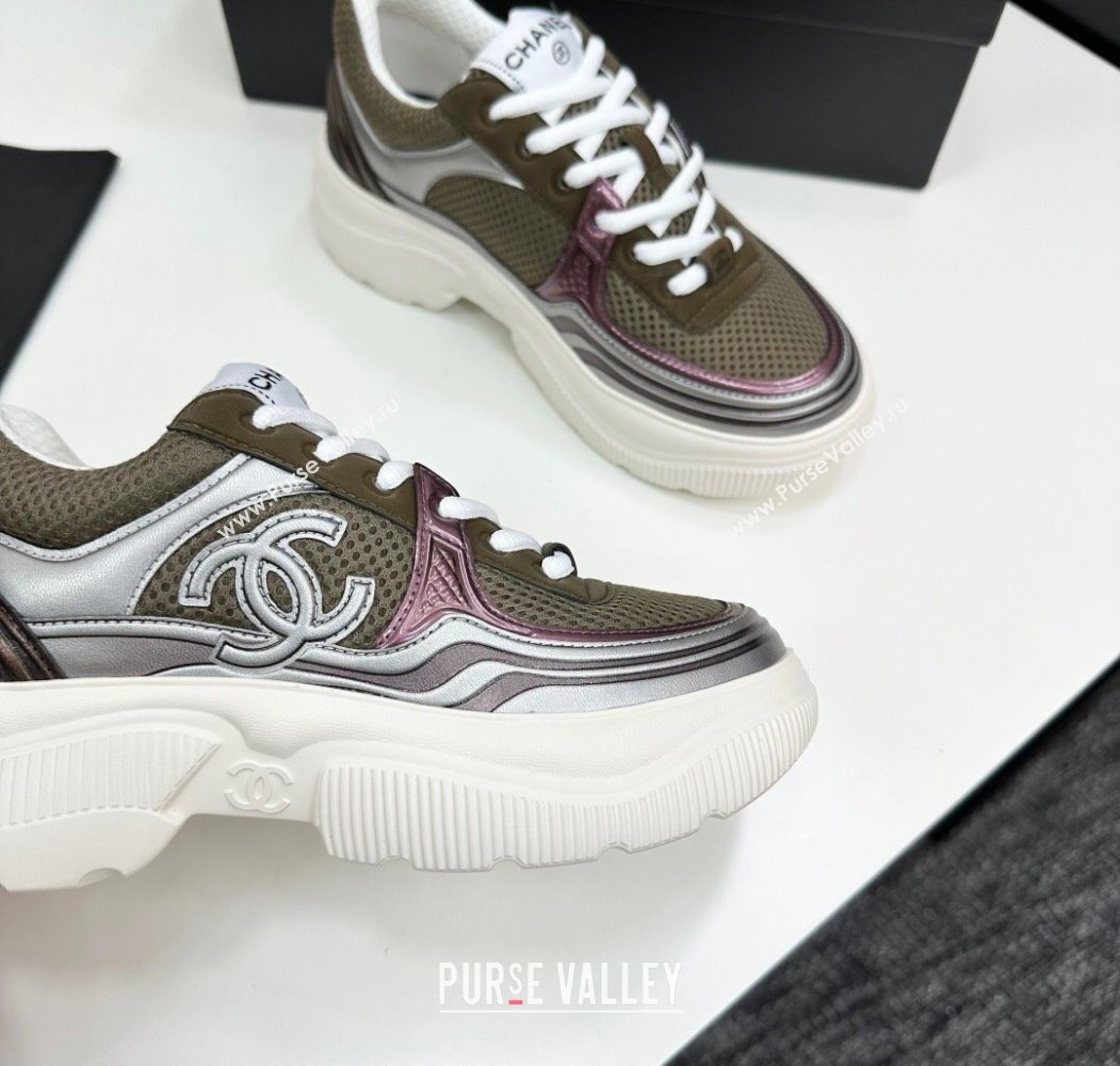 Chanel Calfskin Leather and Mesh Platform Sneakers Khaki Green 2025 CH110104 (MD-251101044)