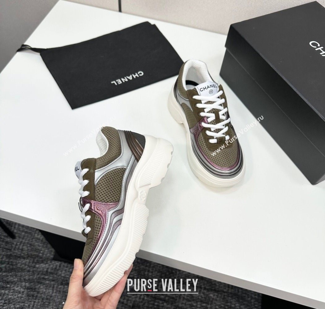Chanel Calfskin Leather and Mesh Platform Sneakers Khaki Green 2025 CH110104 (MD-251101044)