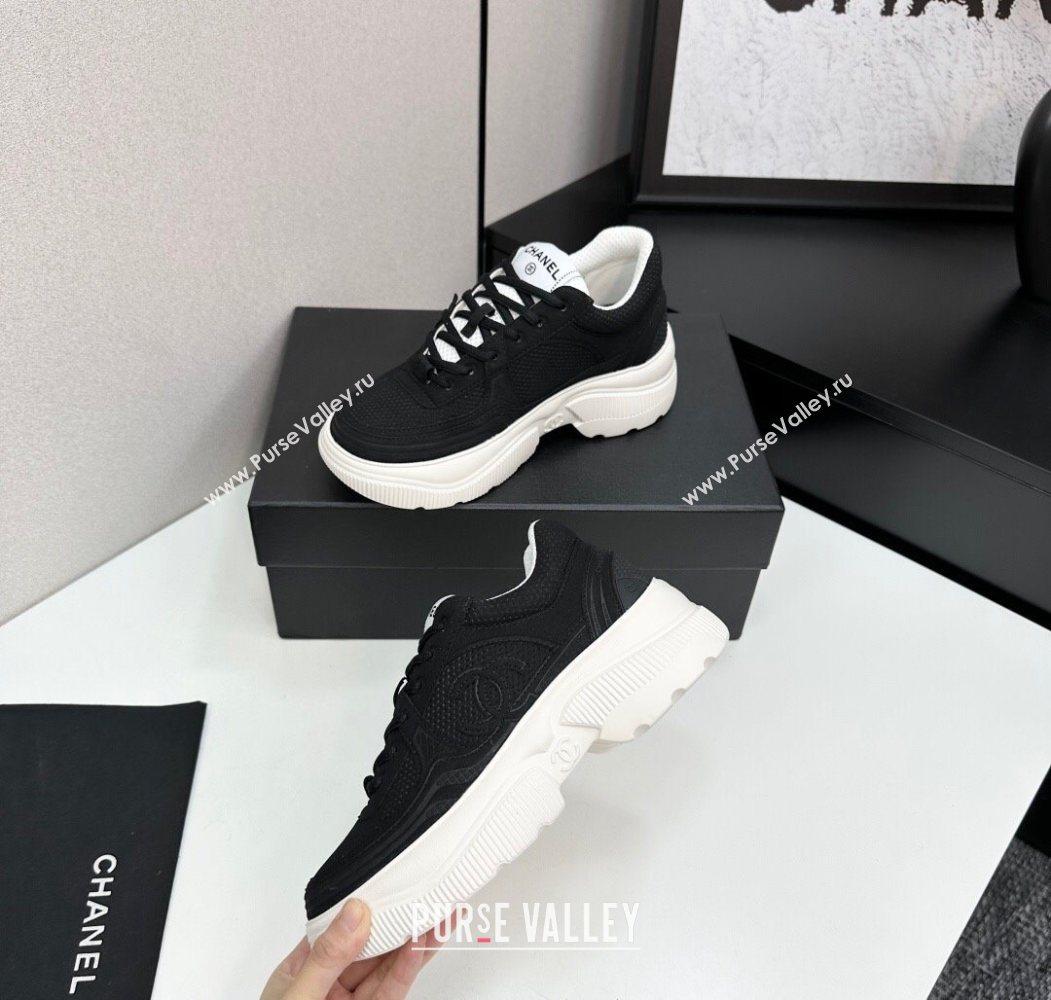 Chanel Calfskin Leather and Knit Platform Sneakers Black 2025 CH110104 (MD-251101046)