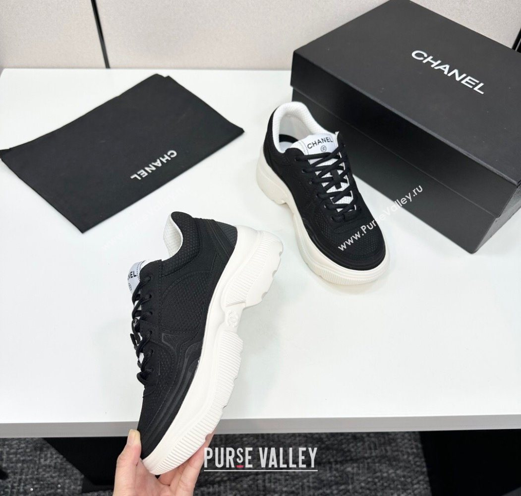 Chanel Calfskin Leather and Knit Platform Sneakers Black 2025 CH110104 (MD-251101046)