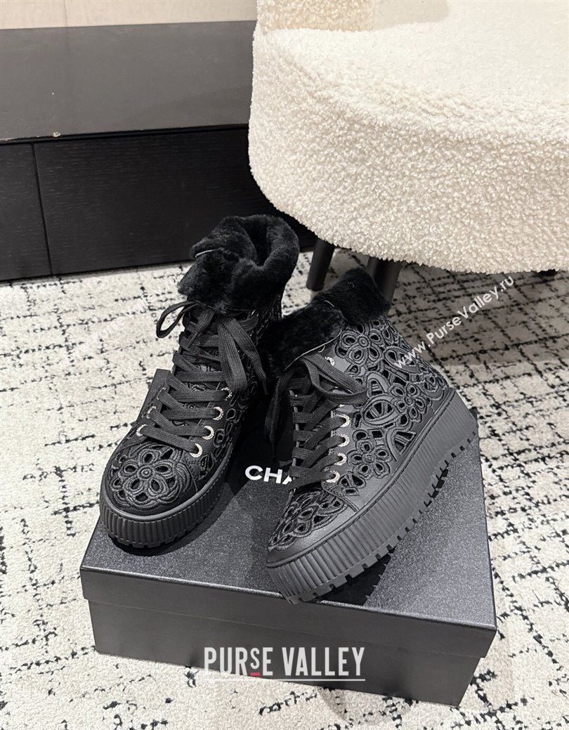 Chanel Openwork Calfskin Leather and Wool High Top Sneakers Black 2025 CH110101 (MD-251101001)