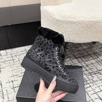 Chanel Openwork Calfskin Leather and Wool High Top Sneakers Black 2025 CH110101 (MD-251101001)