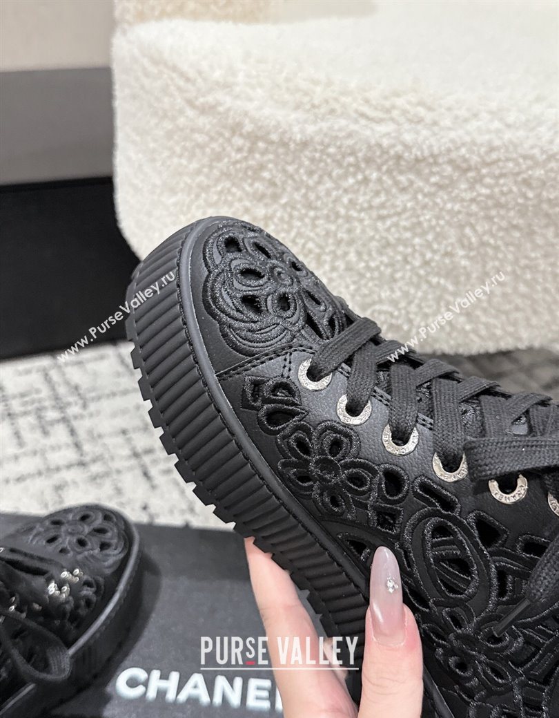 Chanel Openwork Calfskin Leather and Wool High Top Sneakers Black 2025 CH110101 (MD-251101001)