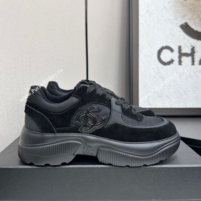 Chanel Calfskin Leather, Suede and Fabric Platform Sneakers All Black 2025 CH110102 (MD-251101009)