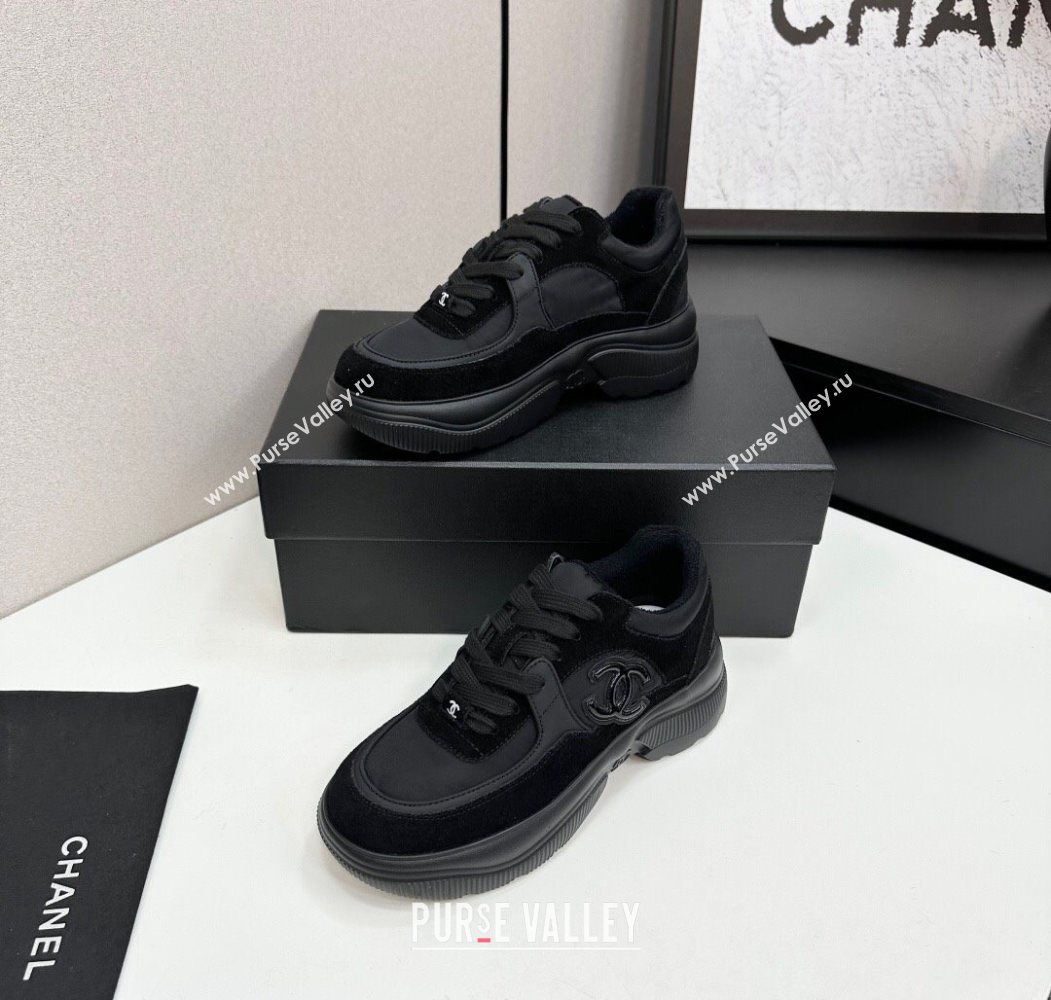 Chanel Calfskin Leather, Suede and Fabric Platform Sneakers All Black 2025 CH110102 (MD-251101009)