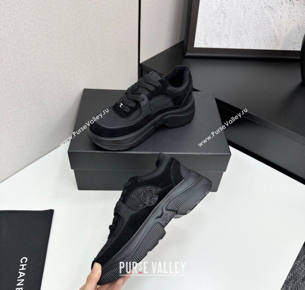 Chanel Calfskin Leather, Suede and Fabric Platform Sneakers All Black 2025 CH110102 (MD-251101009)