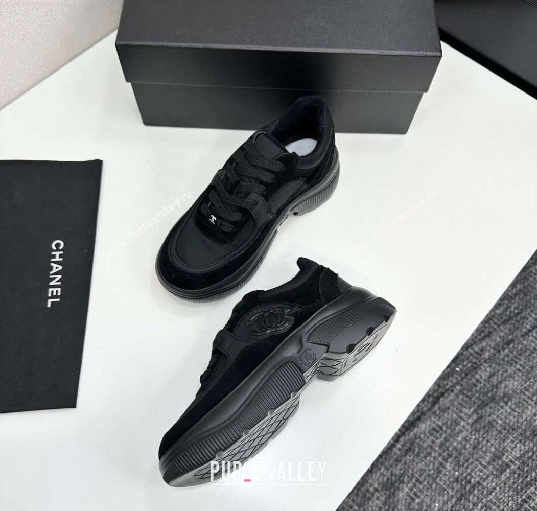 Chanel Calfskin Leather, Suede and Fabric Platform Sneakers All Black 2025 CH110102 (MD-251101009)