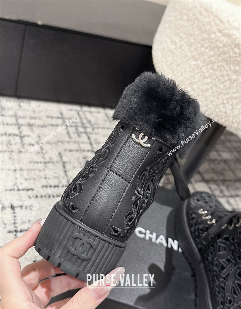 Chanel Openwork Calfskin Leather and Wool High Top Sneakers Black 2025 CH110101 (MD-251101001)