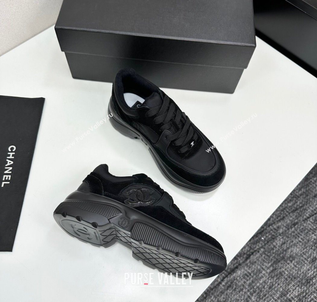 Chanel Calfskin Leather, Suede and Fabric Platform Sneakers All Black 2025 CH110102 (MD-251101009)