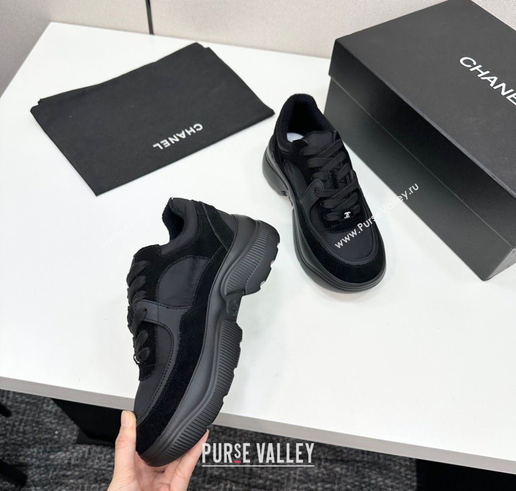 Chanel Calfskin Leather, Suede and Fabric Platform Sneakers All Black 2025 CH110102 (MD-251101009)
