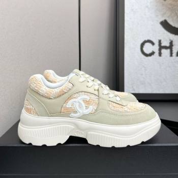 Chanel Calfskin Leather, Suede and Tweed Platform Sneakers Green/Yellow 10 2025 CH110102 (MD-251101010)