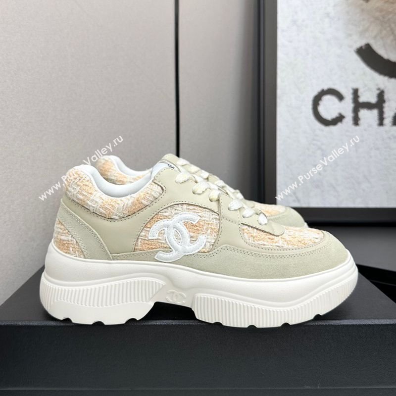 Chanel Calfskin Leather, Suede and Tweed Platform Sneakers Green/Yellow 10 2025 CH110102 (MD-251101010)