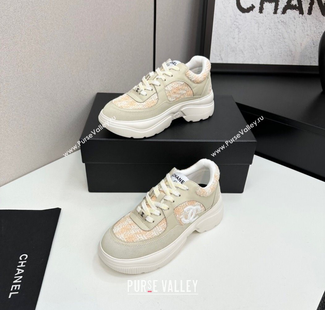 Chanel Calfskin Leather, Suede and Tweed Platform Sneakers Green/Yellow 10 2025 CH110102 (MD-251101010)