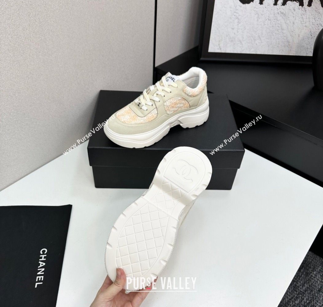 Chanel Calfskin Leather, Suede and Tweed Platform Sneakers Green/Yellow 10 2025 CH110102 (MD-251101010)