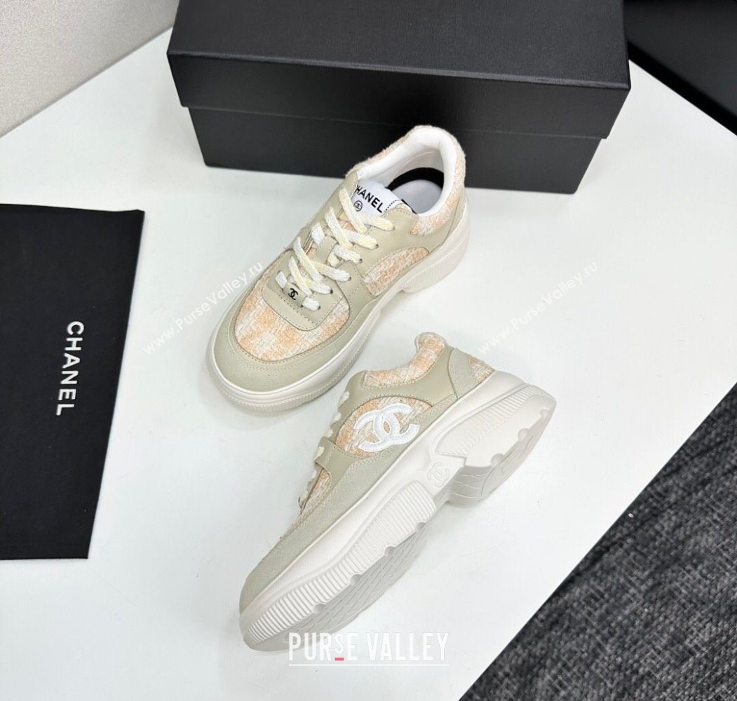 Chanel Calfskin Leather, Suede and Tweed Platform Sneakers Green/Yellow 10 2025 CH110102 (MD-251101010)